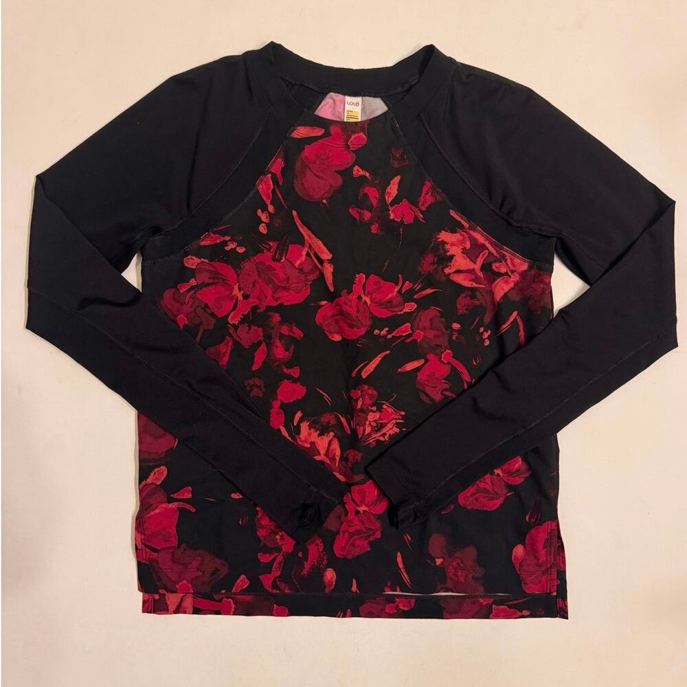 Lole Women's Active Floral Red/Black Colorblock Top Sz XS Stretch